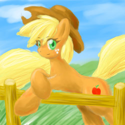 Size: 1000x1000 | Tagged: safe, artist:ragurimo, applejack, earth pony, pony, g4, female, fence, pixiv, solo