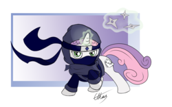 Size: 1641x1026 | Tagged: safe, artist:ethaes, sweetie belle, g4, clothes, female, headband, looking at you, magic, ninja, paper, raised hoof, shuriken, solo, tape, telekinesis, wind