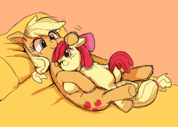 Size: 600x429 | Tagged: safe, artist:aki-tam, apple bloom, applejack, earth pony, pony, g4, butt, butt tail, duo, female, filly, foal, mare, pixiv, plot, simple background, sisters