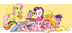 Size: 1200x554 | Tagged: safe, artist:aki-tam, applejack, fluttershy, pinkie pie, rainbow dash, rarity, spike, twilight sparkle, g4, kotatsu, mane seven, mane six, orange, pixiv