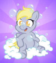 Size: 600x676 | Tagged: safe, artist:broccolimeansfun, derpy hooves, pegasus, pony, g4, bubble, cute, derpabetes, female, filly, filly derpy, filly derpy hooves, open mouth, open smile, smiling, solo, underp, younger