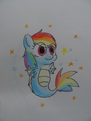 Size: 3240x4320 | Tagged: safe, artist:srbei17, rainbow dash, sea pony, g4, bubble, dorsal fin, female, fin, fins, fish tail, flowing mane, flowing tail, ocean, race swap, seaponified, seapony rainbow dash, simple background, solo, species swap, swimming, tail, traditional art, underwater, water, white background