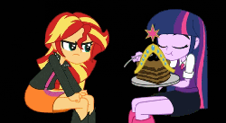 Size: 510x280 | Tagged: dead source, safe, artist:khuzang, sunset shimmer, twilight sparkle, human, equestria girls, g4, :t, animated, big crown thingy, black background, cake, clothes, cute, do you want this cake, duo, eating, eyes closed, feeding, female, frown, glare, good end, happy, it came from youtube, open mouth, raised eyebrow, school uniform, sharing, shimmerbetes, simple background, sitting, skirt, smiling, spoon, twiabetes, weapons-grade cute, youtube link