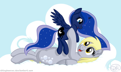 Size: 6000x3552 | Tagged: safe, artist:shiarr, derpy hooves, princess luna, alicorn, pegasus, pony, g4, cloud, duo, duo female, female, filly, filly luna, happy, holding a pony, mare, on back, woona, younger