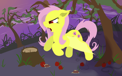 Size: 1600x1000 | Tagged: safe, artist:fearingfun, fluttershy, bat pony, pony, bats!, g4, apple, female, flutterbat, flying, mare, race swap, solo, tree