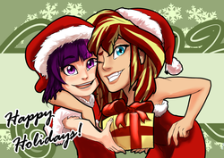 Size: 1684x1191 | Tagged: safe, artist:smilingdogz, sunset shimmer, twilight sparkle, human, g4, clothes, hat, humanized, light skin, present, santa costume, santa hat