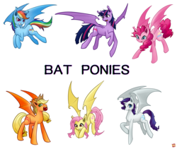 Size: 2102x1771 | Tagged: safe, artist:norang94, applejack, fluttershy, pinkie pie, rainbow dash, rarity, twilight sparkle, alicorn, bat pony, bat pony alicorn, pony, bats!, g4, alicornified, applebat, bat ponified, female, flutterbat, hilarious in hindsight, mane six, mare, pinkiebat, race swap, rainbowbat, raribat, raricorn, spread wings, twibat, twilight sparkle (alicorn), wings