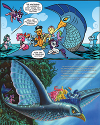 Size: 716x894 | Tagged: safe, idw, amazonite, applejack, fluttershy, jewel, pinkie pie, rainbow dash, rarity, spike, twilight sparkle, alicorn, merpony, pony, sea pony, g4, under the sparkling sea, beak, boop, bubble, bubble helmet, comparison, continuity, coral, crepuscular rays, female, fish tail, flowing mane, folded wings, horn, looking at each other, looking at someone, male, mane seven, mane six, mantahawk, mare, ocean, sky, smiling, spread wings, sunlight, swimming, tail, traditional art, twilight sparkle (alicorn), underwater, water, wings, yellow eyes