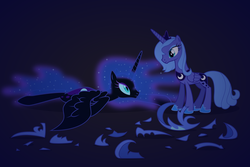Size: 900x600 | Tagged: safe, artist:nonamepaper, nightmare moon, princess luna, alicorn, pony, g4, armor, broken, duality, looking at each other, looking at someone, lying down, prone, s1 luna