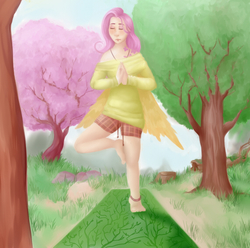 Size: 569x564 | Tagged: safe, artist:threetwogetready, fluttershy, human, g4, clothes, female, humanized, light skin, solo, sweater, sweatershy, yoga
