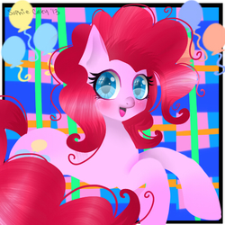 Size: 512x512 | Tagged: safe, artist:kyuniko, pinkie pie, g4, balloon, blushing, female, solo