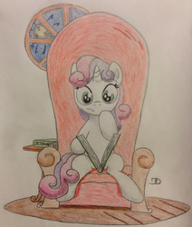 Size: 1735x2047 | Tagged: safe, artist:bobdude0, sweetie belle, g4, book, chair, female, reading, solo, traditional art