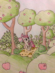 Size: 2448x3264 | Tagged: safe, artist:bobdude0, apple bloom, earth pony, pony, g4, apple, apple tree, female, filly, foal, hill, orchard, path, solo, traditional art, trail, tree