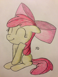 Size: 2448x3264 | Tagged: safe, artist:bobdude0, apple bloom, earth pony, pony, g4, adorabloom, cute, eyes closed, female, innocent, innocent look, simple background, solo, traditional art