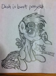 Size: 1024x1371 | Tagged: safe, artist:inurantchan, rainbow dash, g4, best pony, female, filly, filly rainbow dash, flag, goggles, monochrome, mouth hold, solo, traditional art, younger