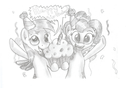 Size: 1024x714 | Tagged: safe, artist:inurantchan, derpy hooves, pinkie pie, pegasus, pony, g4, candle, female, hat, mare, monochrome, muffin, party hat, traditional art