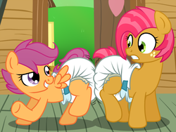 Size: 2000x1500 | Tagged: safe, artist:fillyscoots42, babs seed, scootaloo, pegasus, pony, g4, adorababs, bump, butt bump, butt to butt, butt touch, cute, cutealoo, diaper, diaper fetish, diaper grinding, female, filly, foal, non-baby in diaper, poofy diaper, show accurate