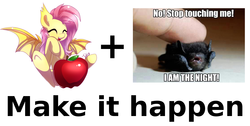 Size: 2000x1011 | Tagged: safe, artist:inky-pinkie, fluttershy, bat, bat pony, pony, bats!, g4, my little pony: friendship is magic, apple, exploitable meme, flutterbat, i am the night, it happened, make it happen, meme, race swap, text