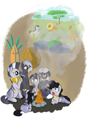 Size: 800x1100 | Tagged: safe, artist:postscripting, zecora, oc, zebra, g4, a tale of two hearth's warming eves, campfire, family