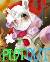 Size: 1680x2048 | Tagged: safe, artist:facerenon, sweetie belle, pony, robot, unicorn, g4, butt, christmas, cookie, female, filly, fire, foal, hmd, hooves, horn, looking at you, new year, plot, plotout, present, solo, sweetie bot, text