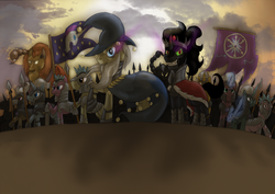 Size: 3501x2472 | Tagged: safe, artist:fimoman, king sombra, star swirl the bearded, manticore, pony, unicorn, fanfic:kingdom come, g4, army, crystal empire, flag, male, stallion, unicorn tribe, war