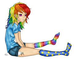 Size: 3275x2579 | Tagged: safe, artist:audreyfan1001, rainbow dash, human, g4, clothes, female, humanized, light skin, mismatched socks, missing shoes, rainbow socks, socks, solo, striped socks