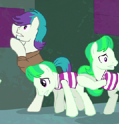 Size: 300x312 | Tagged: safe, screencap, neon brush, quick trim, earth pony, pony, g4, power ponies (episode), animated, barbershop squad, butt touch, henchmen, hoof on butt, male, out of context, pushing, rump push, scared, stallion
