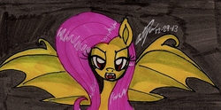 Size: 1169x578 | Tagged: safe, artist:newyorkx3, fluttershy, bat pony, pony, bats!, g4, female, flutterbat, race swap, solo, traditional art