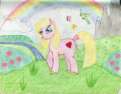 Size: 2413x1885 | Tagged: safe, artist:foxdragonlover, oc, oc only, bird, butterfly, earth pony, pony, day, earth pony oc, grass, rainbow, solo, traditional art