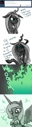 Size: 600x2393 | Tagged: safe, artist:jokerpony, princess luna, queen chrysalis, ask teen chrysalis, g4, character to character, comic, dialogue, magic, s1 luna, scrunchy face, teenager, transformation, tumblr, younger