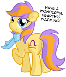Size: 1202x1396 | Tagged: safe, artist:asklibrapony, artist:furrgroup, pony, butt, clothes, holiday, libra, looking at you, plot, ponyscopes, raised hoof, scarf, simple background, smiling, solo, three quarter view