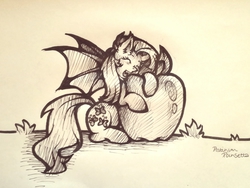 Size: 1920x1440 | Tagged: safe, artist:platinumpoinsetta, fluttershy, bat pony, pony, bats!, g4, apple, female, flutterbat, race swap, solo, traditional art