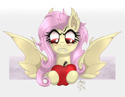 Size: 1200x930 | Tagged: safe, artist:joakaha, fluttershy, bat pony, pony, bats!, g4, apple, female, flutterbat, race swap, solo