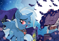 Size: 1200x848 | Tagged: safe, artist:pixelkitties, trixie, alicorn, bat, bat pony, bat pony alicorn, pony, bats!, g4, alicorn amulet, alicornified, bat ponified, fangs, featured image, female, mare, race swap, red eyes, solo, trixiebat, trixiecorn, wing claws