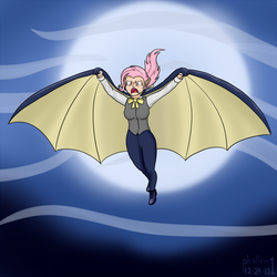 Size: 1200x1200 | Tagged: safe, artist:phallen1, fluttershy, bat pony, human, bats!, g4, cape, clothes, female, flutterbat, flying, humanized, light skin, race swap, solo, tuxedo