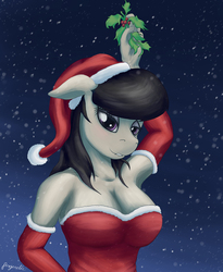 Size: 1000x1220 | Tagged: safe, artist:angerelic, octavia melody, earth pony, anthro, g4, breasts, busty octavia melody, cleavage, female, holly, holly mistaken for mistletoe, lip bite, solo