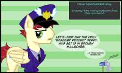 Size: 2500x1500 | Tagged: safe, artist:knight-of-bacon, care package, derpy hooves, special delivery, pegasus, pony, ask derpy and delivery, g4, ask, derpy inside a mailbox, duo, female, i just don't know what went wrong, mailbox, mailpony, male, mare, stallion, stuck