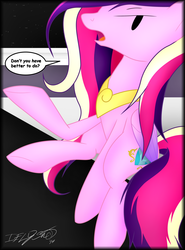 Size: 3000x4045 | Tagged: safe, artist:iflysna94, princess cadance, alicorn, pony, g4, dialogue, female, looking at you, raised hoof, sitting, solo, text