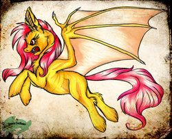 Size: 3094x2508 | Tagged: safe, artist:tokagethebunny, fluttershy, bat pony, pony, bats!, g4, female, flutterbat, race swap, solo, traditional art