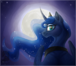 Size: 1024x887 | Tagged: safe, artist:chubby-kirin, princess luna, alicorn, pony, g4, ethereal mane, female, looking at you, mare, moon, smiling, solo, starry mane, stars