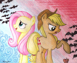 Size: 1456x1200 | Tagged: safe, artist:nancyksu, applejack, fluttershy, bats!, g4, my little pony: friendship is magic, duo