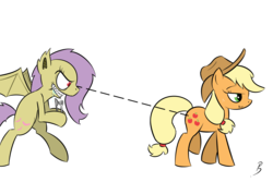 Size: 1500x1000 | Tagged: safe, artist:pandramodo, applejack, fluttershy, bat pony, earth pony, pony, bats!, g4, my little pony: friendship is magic, duo, female, flutterbat, imminent plot bite, mare, race swap, simple background, transparent background