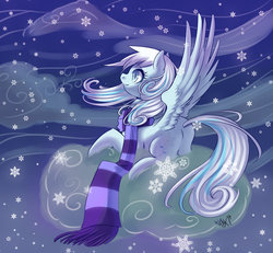 Size: 800x739 | Tagged: safe, artist:whitephox, oc, oc only, oc:snowdrop, pegasus, clothes, cloud, female, female oc, filly, filly oc, foal, lying down, lying on a cloud, on a cloud, pegasus oc, prone, scarf, snow, snowflake, solo, striped scarf, winter