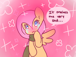 Size: 500x375 | Tagged: safe, artist:milkwolf, fluttershy, g4, ask-friendlyshy, blushing, clothes, crying, cute, female, frown, looking at you, sad, scarf, solo, speech bubble, tumblr, wavy mouth, wingding eyes