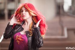 Size: 2048x1365 | Tagged: safe, artist:lochlan o'neil, sunset shimmer, human, equestria girls, g4, clothes, cosplay, irl, irl human, jacket, leather jacket, photo, solo