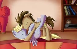 Size: 2500x1614 | Tagged: safe, artist:pancake-ss, derpy hooves, doctor whooves, time turner, earth pony, pegasus, pony, g4, book, book title humor, bookshelf, duo, eyes closed, female, high res, indoors, kissing, lying down, male, mare, muffin, nuzzling, on back, profile, ship:doctorderpy, shipping, spread wings, stallion, straight, wings