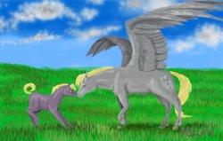 Size: 616x392 | Tagged: artist needed, safe, derpy hooves, dinky hooves, horse, pegasus, pony, g4, boop, cloud, cloudy, cute, derpabetes, dinkabetes, equestria's best mother, eyes closed, female, foal, grass, mare, noseboop, raised hoof, realistic, sky, smiling, spread wings