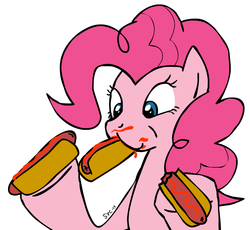 Size: 944x870 | Tagged: artist needed, safe, pinkie pie, earth pony, pony, g4, eating, female, holding, hot dog, ponies eating meat, solo