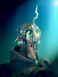 Size: 1995x2636 | Tagged: safe, artist:yula568, queen chrysalis, changeling, changeling queen, g4, cloak, clothes, crying, eyeshadow, female, floppy ears, makeup, sad, solo, woobie