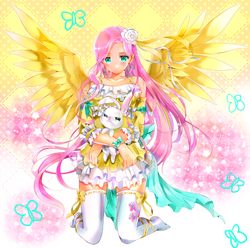 Size: 1024x1016 | Tagged: safe, artist:lapia, artist:rurucreations, angel bunny, fluttershy, human, g4, clothes, dress, humanized, light skin, thigh highs, winged humanization